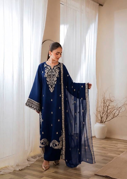Laam Brand Premium Quality Dhanak Embroidery 3 Piece unstitched Dress With Embroidery Shawl